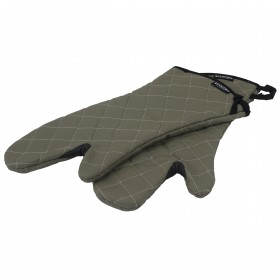 pair of 17-inch oven mitts stanton trading made from heat-resistant and flame-retardant Pyrotex material in a silver-gray color. The mitts feature a quilted design for durability and insulation, with black trim and hanging loops for convenient storage.