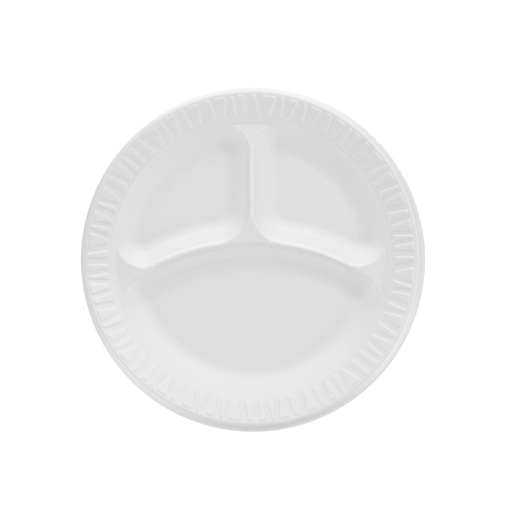 Dart 9 Inch White XPS Non-Laminated 3 Compartment Foam Plate