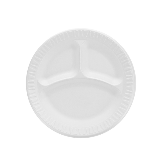 Dart 9 Inch White XPS Non-Laminated 3 Compartment Foam Plate