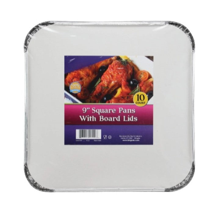 9" square aluminum pan with board lid for baking, cooking, and food storage. Durable, disposable, oven-safe, and recyclable. Ideal for meal prep, catering, takeout, leftovers, and transporting food.