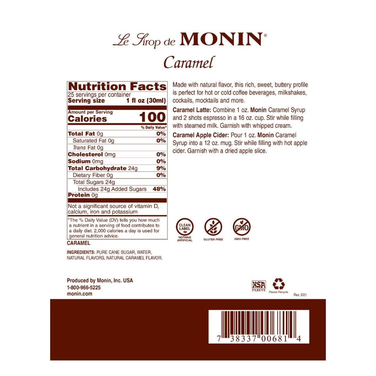 Monin Caramel Syrup 750 mL Bottle additional product image