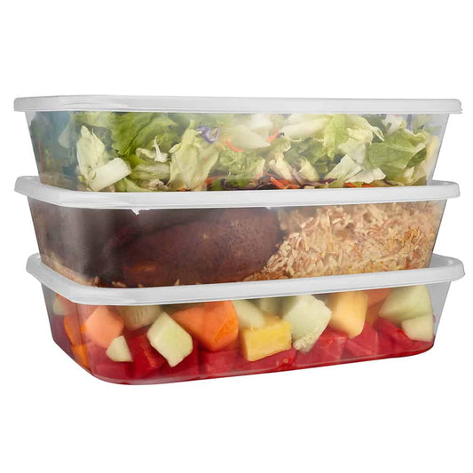 9"x13" Clear Container with Lid – durable, leak-resistant, and perfect for meal prep, catering, takeout, and storage. Food-safe plastic with a secure lid to maintain freshness and easy stacking.