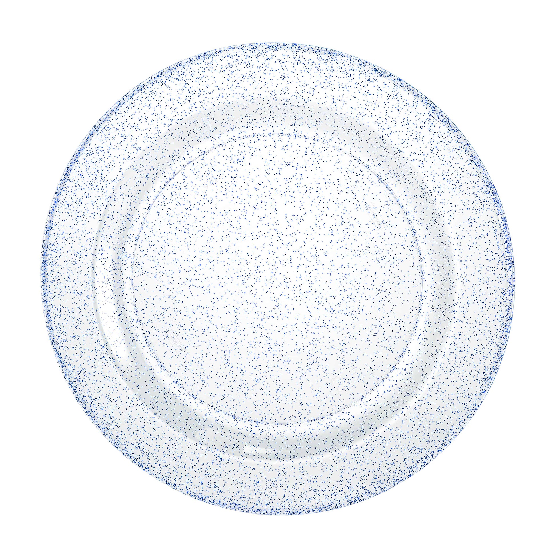 Blue glitter plates in 7.5", 9", and 10.25" sizes; durable disposable design for weddings, parties, and festive celebrations