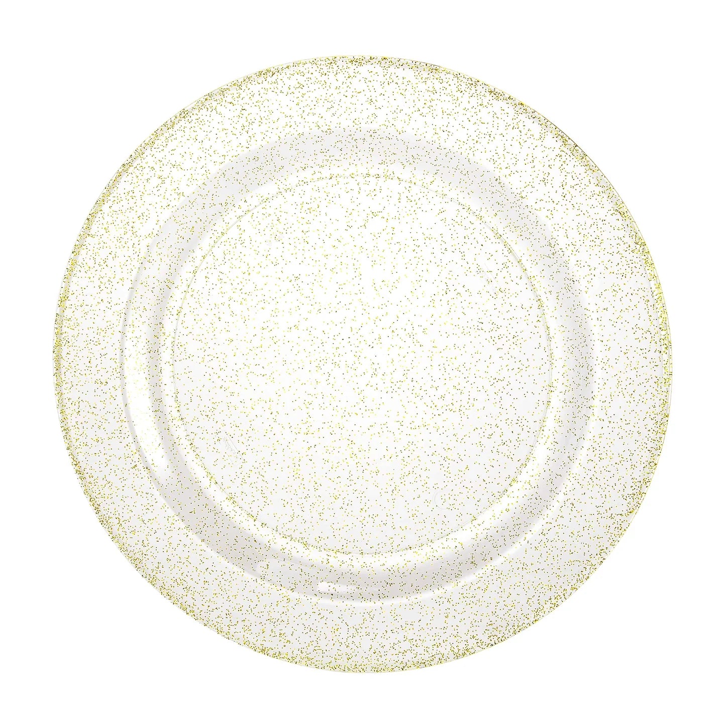 Elegant gold glitter plates in 7.5", 9", and 10.25" sizes; sturdy disposable design for weddings, parties, and special events