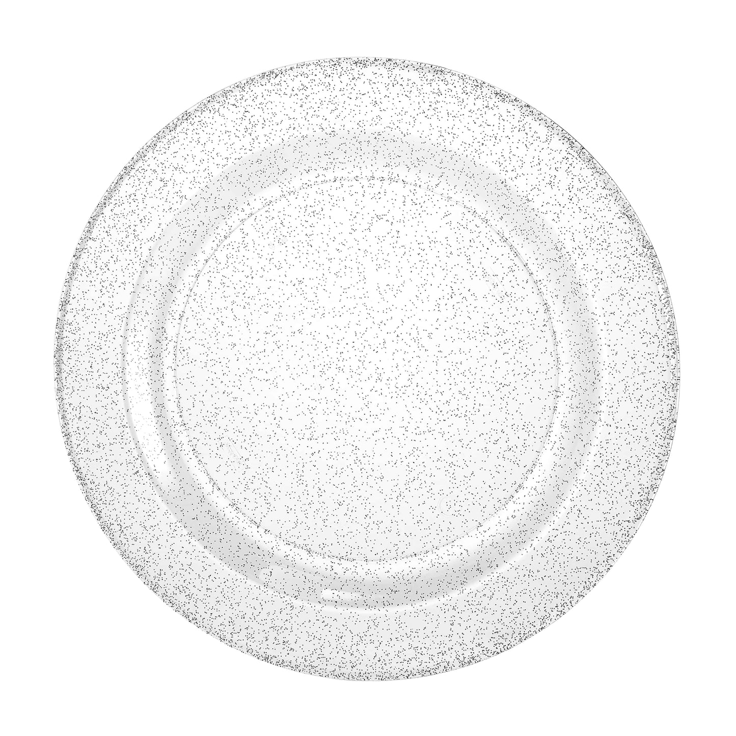 Silver glitter plates in 7.5", 9", and 10.25" sizes; elegant disposable design for weddings, parties, and special events