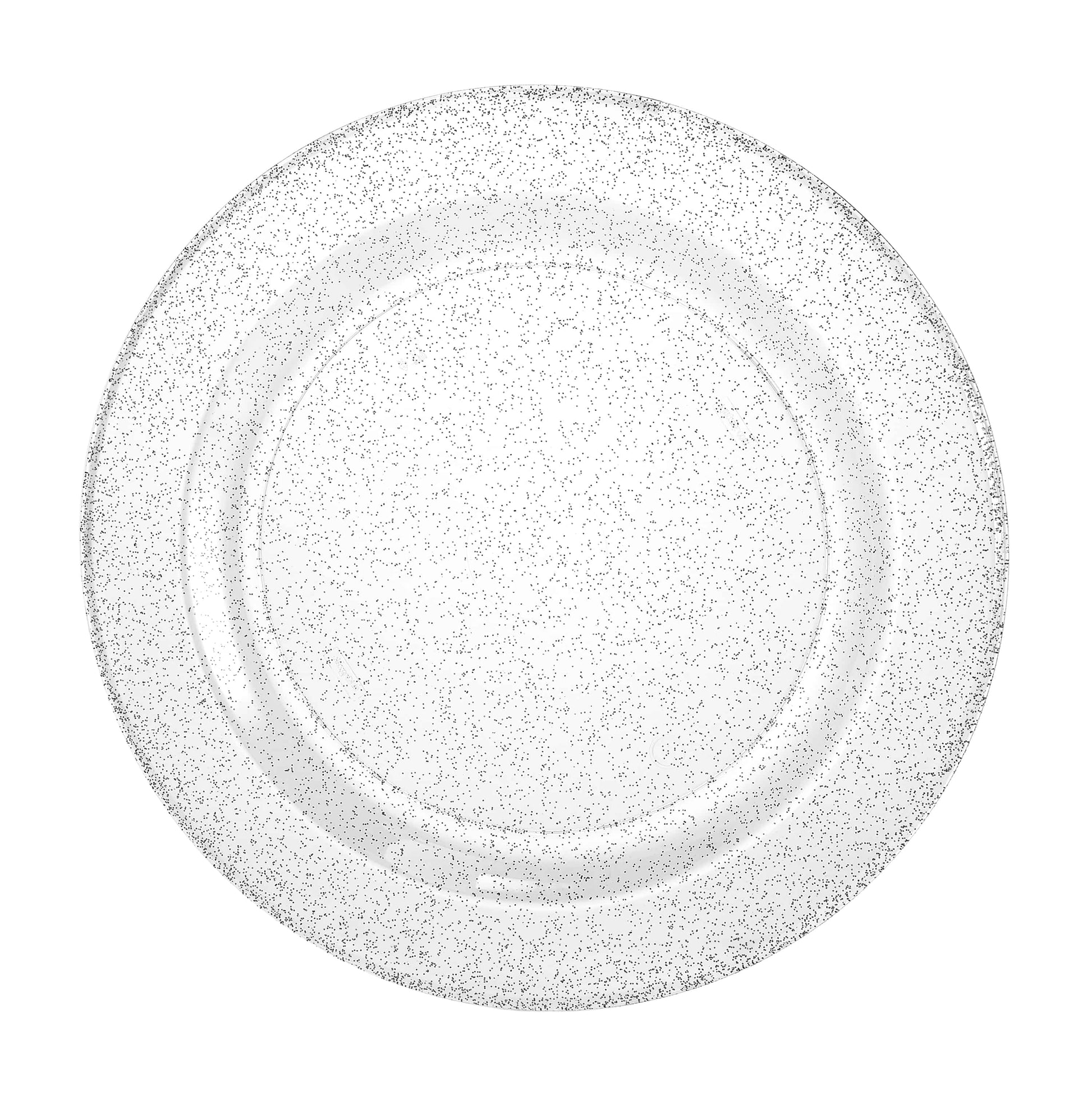 Silver glitter plates in 7.5", 9", and 10.25" sizes; elegant disposable design for weddings, parties, and special events