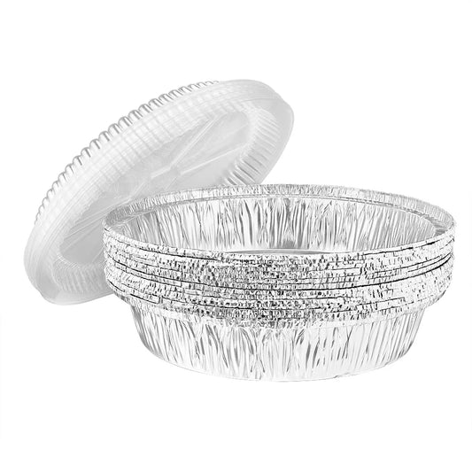 Durable aluminum round pans in 7-inch and 9-inch sizes for baking, roasting, and catering. Disposable, heavy-duty foil pans ideal for cakes, meal prep, food storage, and takeout.