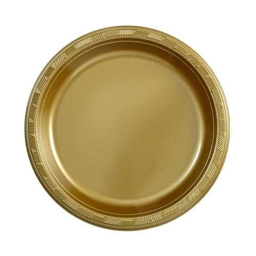 Gold plastic plates in 7", 9", and 10" sizes, perfect for weddings, corporate events, and parties. Durable, disposable, and elegant design for hassle-free dining and easy cleanup.