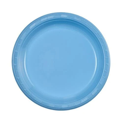 Light blue plastic plates in 7", 9", and 10" sizes, perfect for birthdays, baby showers, weddings, and events. Durable, disposable, and stylish design for easy dining and effortless cleanup.
