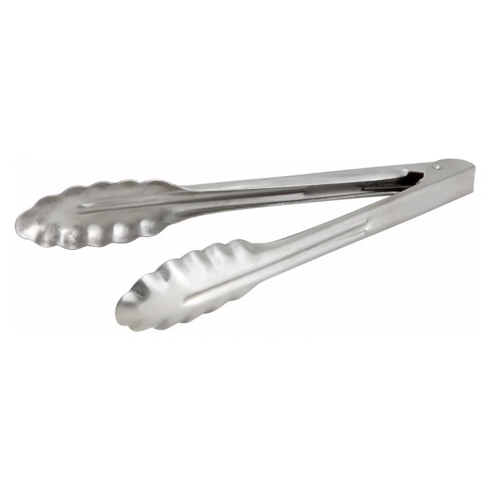 Utility Tong (12", 16", 9") 12/Pack these tongs are designed with a scalloped gripper end to provide a secure yet gentle hold and ensure touch-free food service. Holds up to constant use in both front and back-of-the-house applications. Crafted from stainless steel, these rust-resistant tongs will withstand high temperatures without warping. A staple in both home and commercial kitchen