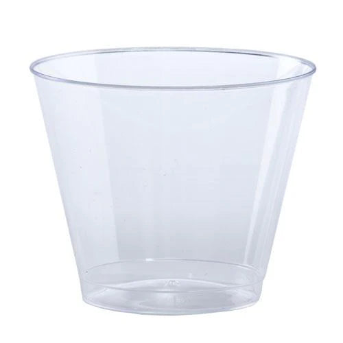 9 oz. and 10 oz. clear plastic tumblers, perfect for serving drinks at parties, weddings, and events. Durable, disposable, and ideal for water, juice, cocktails, and more.