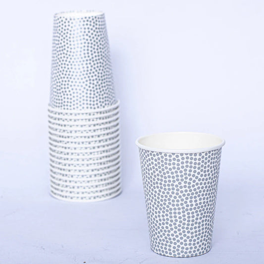 9oz Silver Dots Hot/Cold Paper Cup – Elegant disposable cup with a silver dot design, perfect for hot and cold beverages at weddings, parties, and events. Durable and stylish.