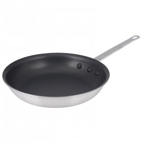 10" round non-stick fry pan stanton trading, 3.5mm thick, made from 3003 aluminum with a black non-stick interior coating and riveted handle for durability. Perfect for home and commercial kitchens.
