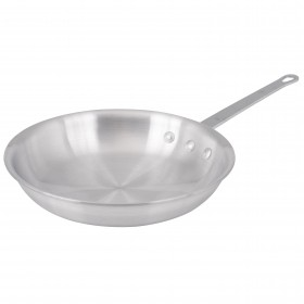 12" round aluminum fry pan stanton trading, 3.5mm thick, made from 3003 aluminum with a natural finish and riveted handle for professional cooking performance. Ideal for commercial and home kitchens.