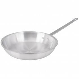 14" round aluminum fry pan stanton trading, 3.5mm thick, made from 3003 aluminum with a natural finish and riveted handle for professional cooking performance. Ideal for commercial and home kitchens.