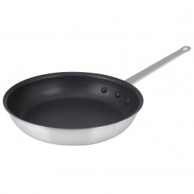 14" round non-stick fry pan stanton trading, 3.5mm thick, made from 3003 aluminum with a black non-stick interior coating and riveted handle for durability. Perfect for home and commercial kitchens.