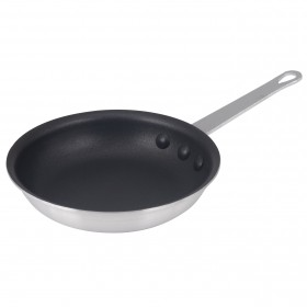 7" round non-stick fry pan stanton trading, 3.5mm thick, made from 3003 aluminum with a black non-stick interior coating and riveted handle for durability. Perfect for home and commercial kitchens.