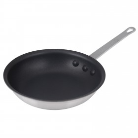 8" round non-stick fry pan stanton trading, 3.5mm thick, made from 3003 aluminum with a black non-stick interior coating and riveted handle for durability. Perfect for home and commercial kitchens.