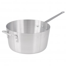 10 quart aluminum sauce pan stanton trading, 11-3/4 inch diameter, heavyweight 3.0mm thick construction, featuring a riveted handle for durability. Cover not included.