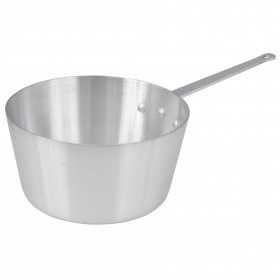 7 quart aluminum sauce pan stanton trading, 10-1/2 inch diameter, heavyweight 3.0mm thick construction, featuring a riveted handle for durability. Cover not included.