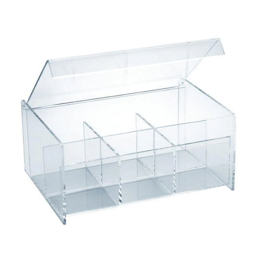 Acrylic tea holder with six compartments, perfect for organizing tea bags, sweeteners, and condiments in homes, cafés, restaurants, and office break rooms with a sleek and modern design.