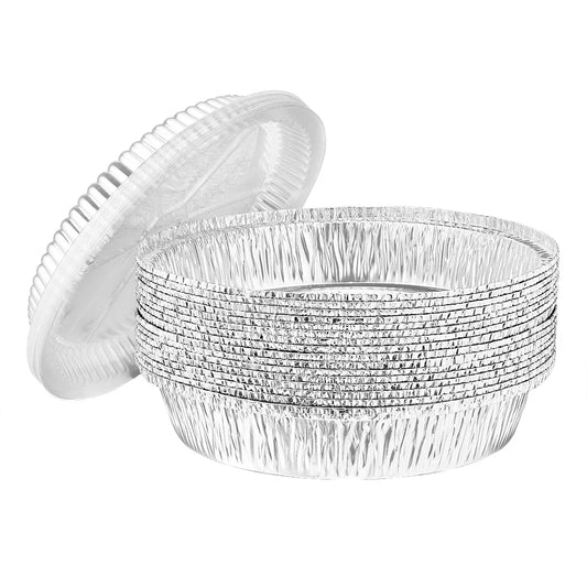 7-inch round aluminum pan with dome lid, ideal for baking cakes, pies, and casseroles. Disposable, durable, and perfect for food storage, catering, takeout, and meal prep.