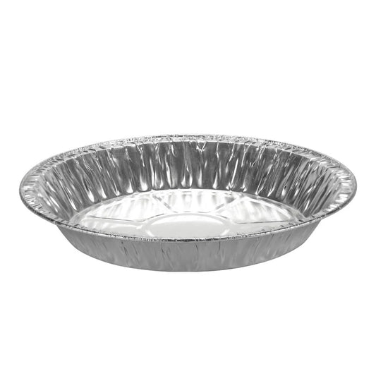 9-inch aluminum pie pan for baking pies, quiches, and tarts. Ensures even heat distribution for crispy crusts. Perfect for home bakers, bakeries, and catering. Disposable and durable.