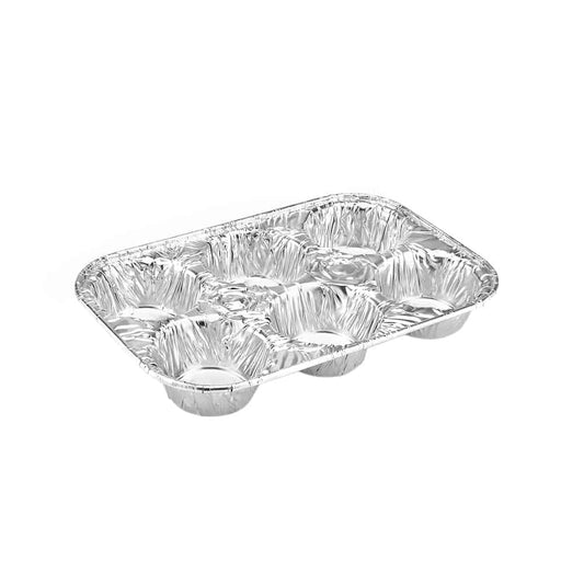 Durable aluminum 6-cup muffin pan for baking cupcakes, muffins, and more. Non-stick, rust-resistant, and warp-proof for even baking. Ideal for home bakers and professional kitchens.