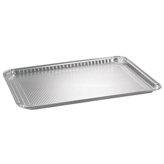 Textured aluminum cookie sheet for baking & roasting. Oven-safe, durable, disposable & recyclable. Ensures even heat distribution & prevents sticking. Ideal for home kitchens, catering & commercial use.