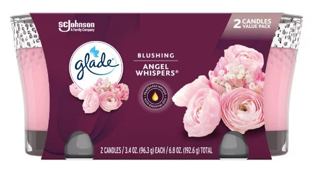 Glade Candle Angel Whispers twin pack, 3.4 oz each, with a soothing fragrance for a calm and relaxing home atmosphere.