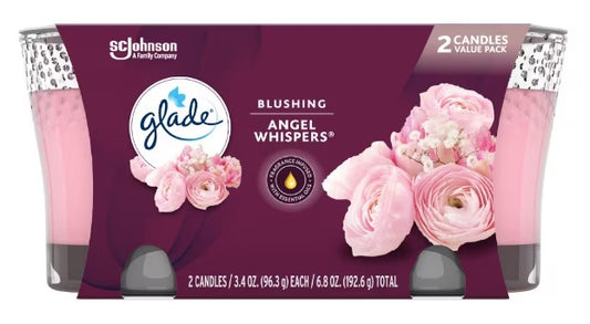 Glade Candle Angel Whispers twin pack, 3.4 oz each, with a soothing fragrance for a calm and relaxing home atmosphere.