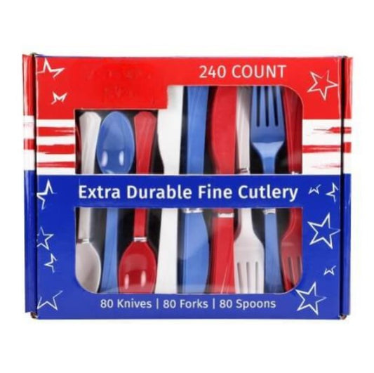 Red, white, and blue plastic cutlery combo set with forks, knives, and spoons. Durable, stylish, and disposable—perfect for patriotic events, BBQs, and parties. Ideal for easy and festive dining.