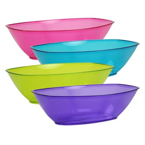 Assorted Tint Oval Luau Bowl in colorful plastic. Ideal for serving salads, snacks, pasta, and fruits at parties, luaus, and tropical events. Durable, lightweight, and stylish for easy entertaining.