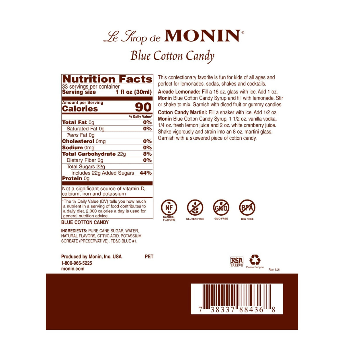 Monin Blue Cotton Candy Syrup 1 L Bottle additional product image