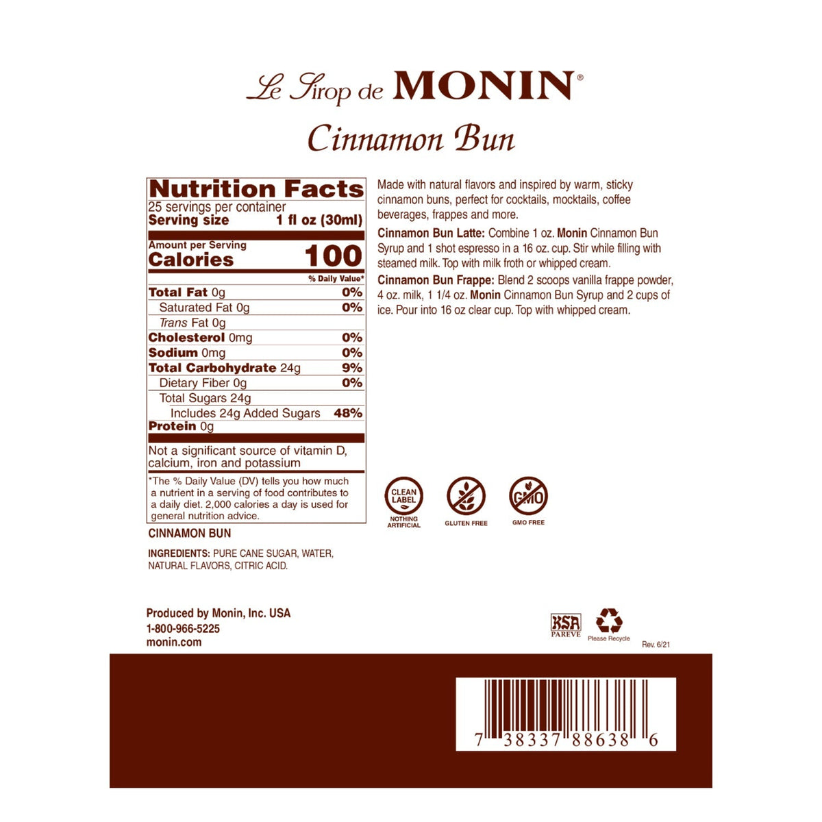 Monin Cinnamon Bun Syrup 750 mL Bottle additional product image