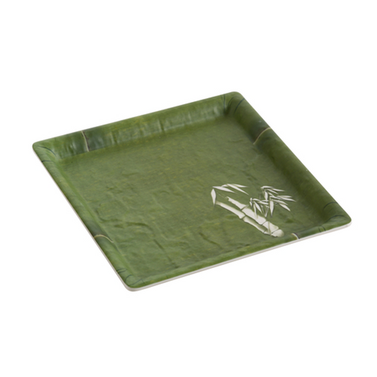 Yanco Square Plate BA-112 It is made from durable and reliable melamine material, which makes the plate look like ceramics. You can use this stylish plate to serve any dish you want. For example, you can use it for presenting cakes, appetizers or serving hot meals. The Bamboo collection has an elegant and stylish design. Performed in classic green color and natural bamboo look design, it will perfectly fit any restaurant environment.