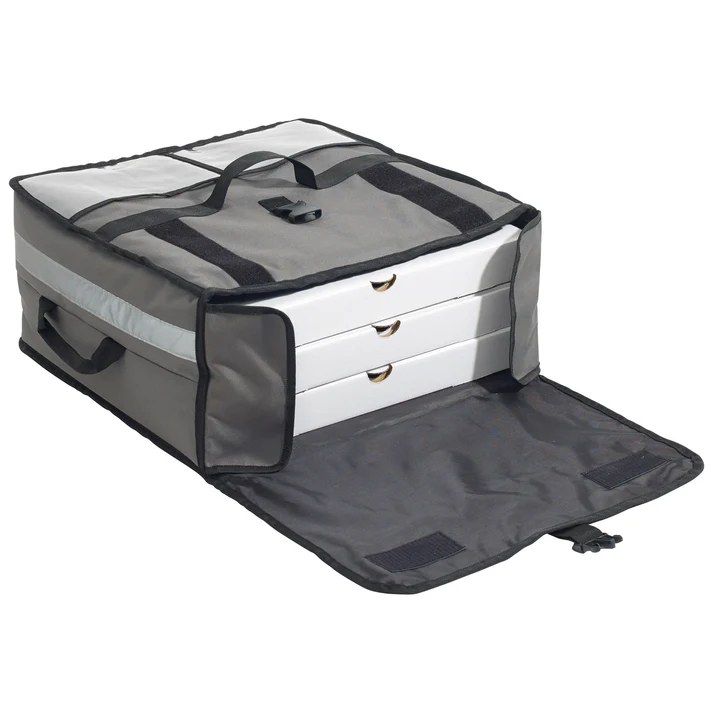 (19"x19"x9", 21.5"x21.5"x9") Premium Pizza Bag 6/Pack maintain food temperature for up to 45 minutes extending the delivery range. There are multiple heavy-duty carry straps which help to stabilize during delivery. A hanging loop is attached for storage and drying. Window pockets are included for storing clips, menus, and more.