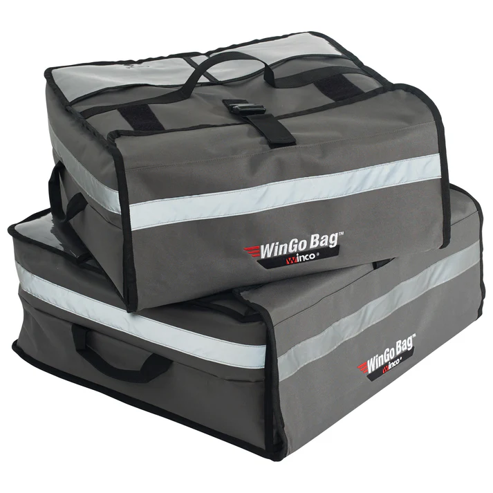 (19"x19"x9", 21.5"x21.5"x9") Premium Pizza Bag 6/Pack maintain food temperature for up to 45 minutes extending the delivery range. There are multiple heavy-duty carry straps which help to stabilize during delivery. A hanging loop is attached for storage and drying. Window pockets are included for storing clips, menus, and more.