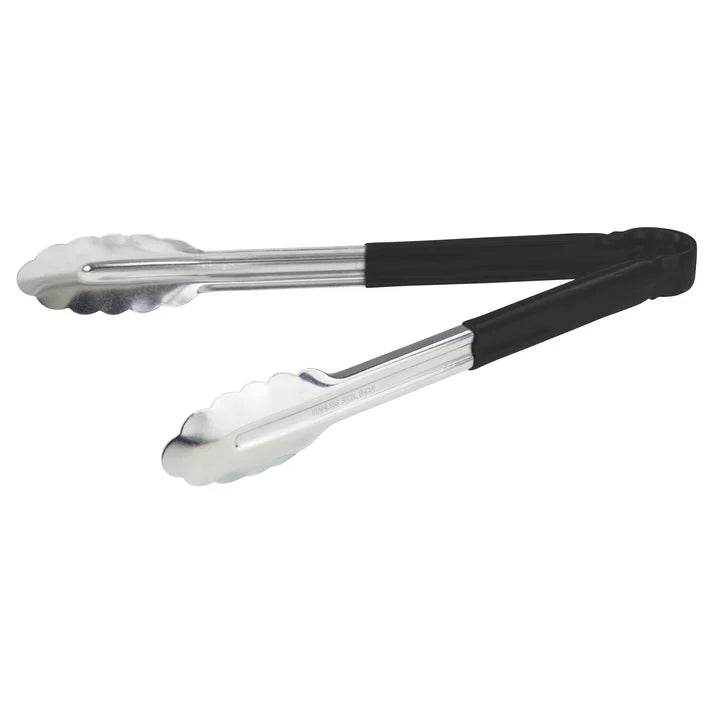 (Blue, Green, Black, Red, Yellow - 12", 16", 9") Utility Tong 12/Pack color-coded handles on these utility tongs are designed to help you develop your own color-coded program to promote safety and reduce the risk of cross-contamination. Long heavy-duty stainless steel utility tongs from Winco that feature a heavy-duty plastic handle. These tongs are designed especially for cold food service and they have scalloped edges.