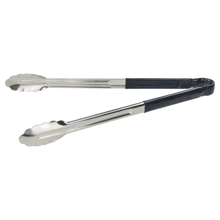 (Blue, Green, Black, Red, Yellow - 12", 16", 9") Utility Tong 12/Pack color-coded handles on these utility tongs are designed to help you develop your own color-coded program to promote safety and reduce the risk of cross-contamination. Long heavy-duty stainless steel utility tongs from Winco that feature a heavy-duty plastic handle. These tongs are designed especially for cold food service and they have scalloped edges.