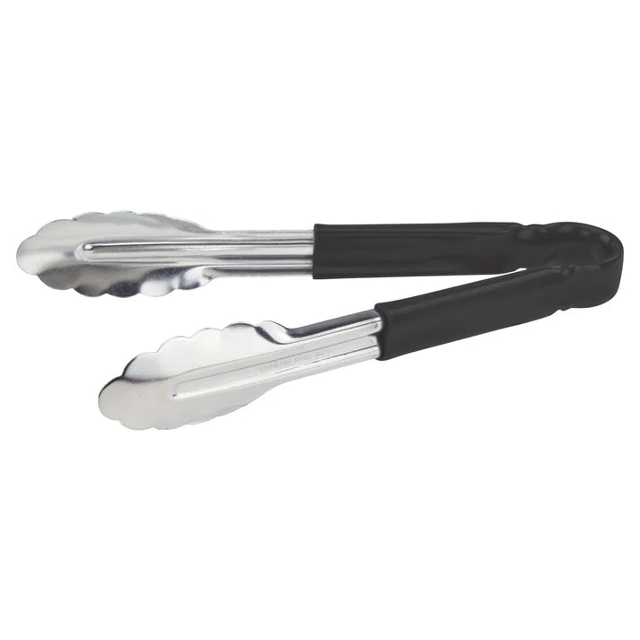(Blue, Green, Black, Red, Yellow - 12", 16", 9") Utility Tong 12/Pack color-coded handles on these utility tongs are designed to help you develop your own color-coded program to promote safety and reduce the risk of cross-contamination. Long heavy-duty stainless steel utility tongs from Winco that feature a heavy-duty plastic handle. These tongs are designed especially for cold food service and they have scalloped edges.