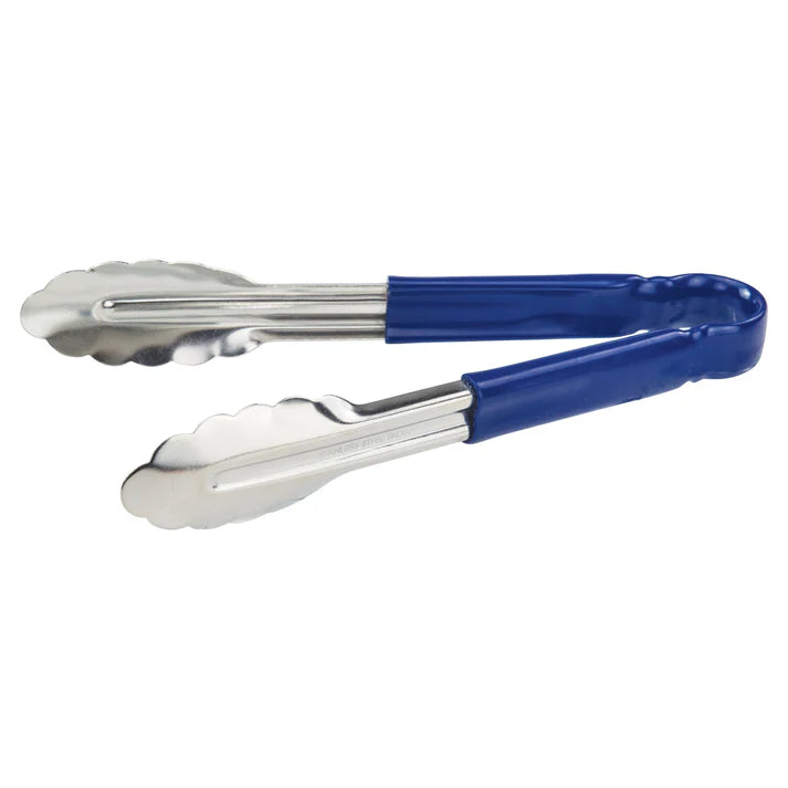 (Blue, Green, Black, Red, Yellow - 12", 16", 9") Utility Tong 12/Pack color-coded handles on these utility tongs are designed to help you develop your own color-coded program to promote safety and reduce the risk of cross-contamination. Long heavy-duty stainless steel utility tongs from Winco that feature a heavy-duty plastic handle. These tongs are designed especially for cold food service and they have scalloped edges.