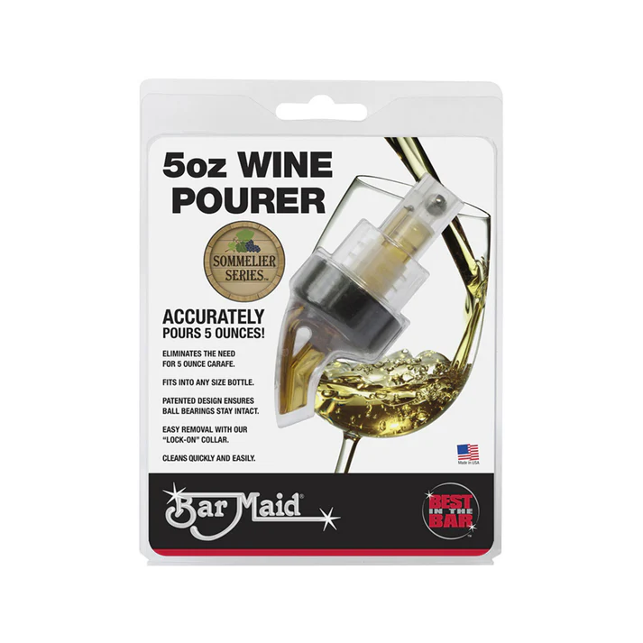 5oz Bar Maid Premium Pourer 6/Pack is a measured pourer that dispenses five ounces of wine. Features an easy removal with lock-on collar with quick and easy cleanup. Amber with black collar.