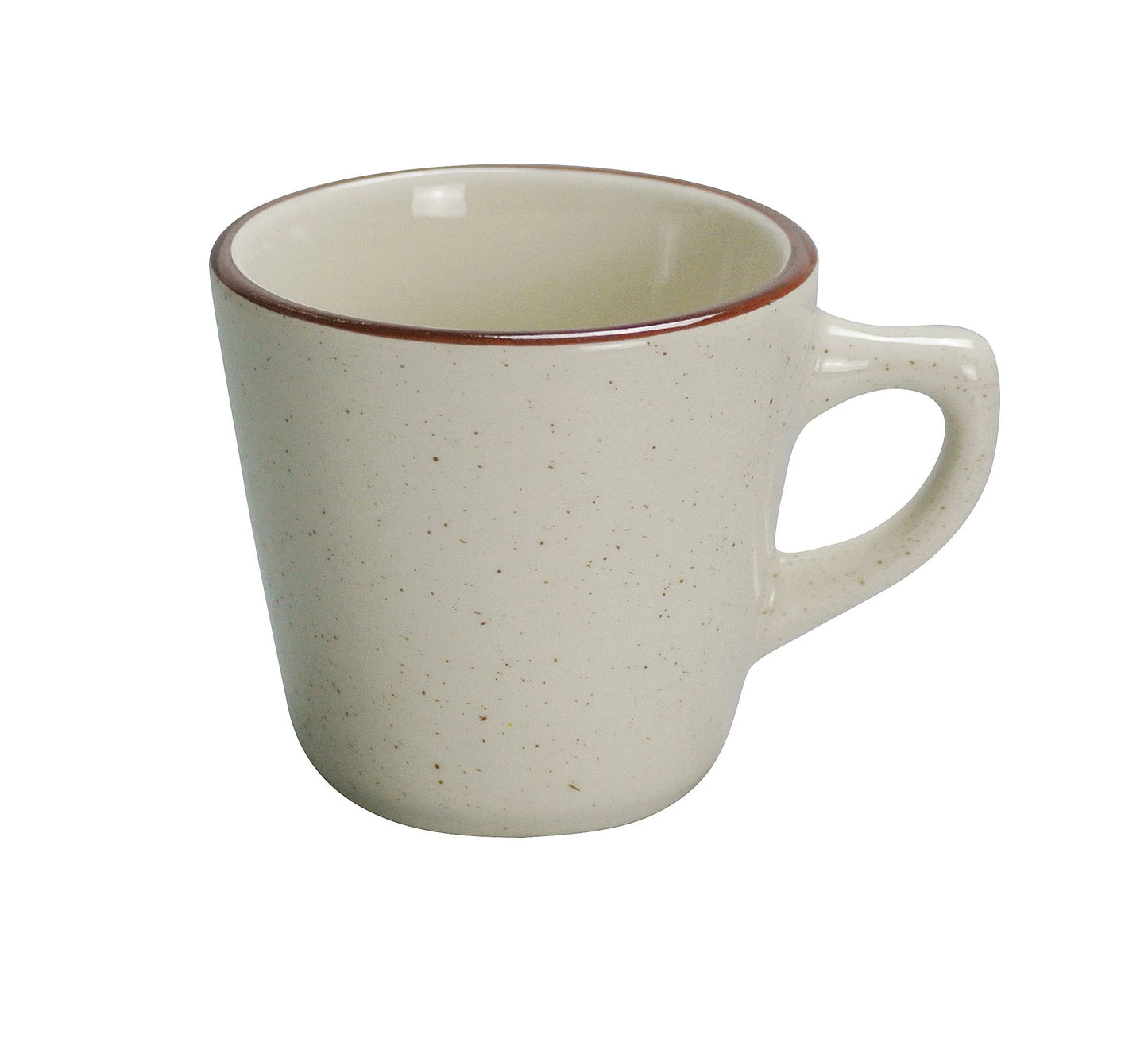 Yanco Tall Cup BR-1 is a stylish and durable addition to any table setting. Crafted from high-quality porcelain with a smooth glaze finish, it offers excellent resistance to daily wear while enhancing beverage presentation. Featuring an elegant brown rim and speckled American white design, this cup is perfect for serving coffee, tea, and other hot beverages. Its comfortable size makes it easy to hold, while its durable construction ensures long-lasting use. 