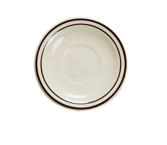 Yanco Saucer Royal BR-2 is a stylish and practical addition to any tabletop setting. Crafted from high-quality porcelain with a smooth glaze finish, it offers durability and an elegant presentation. Designed to pair perfectly with cups and mugs, this 5 1/2" saucer features a charming brown rim and speckled American white design, adding a rustic yet sophisticated touch to any dining experience. 