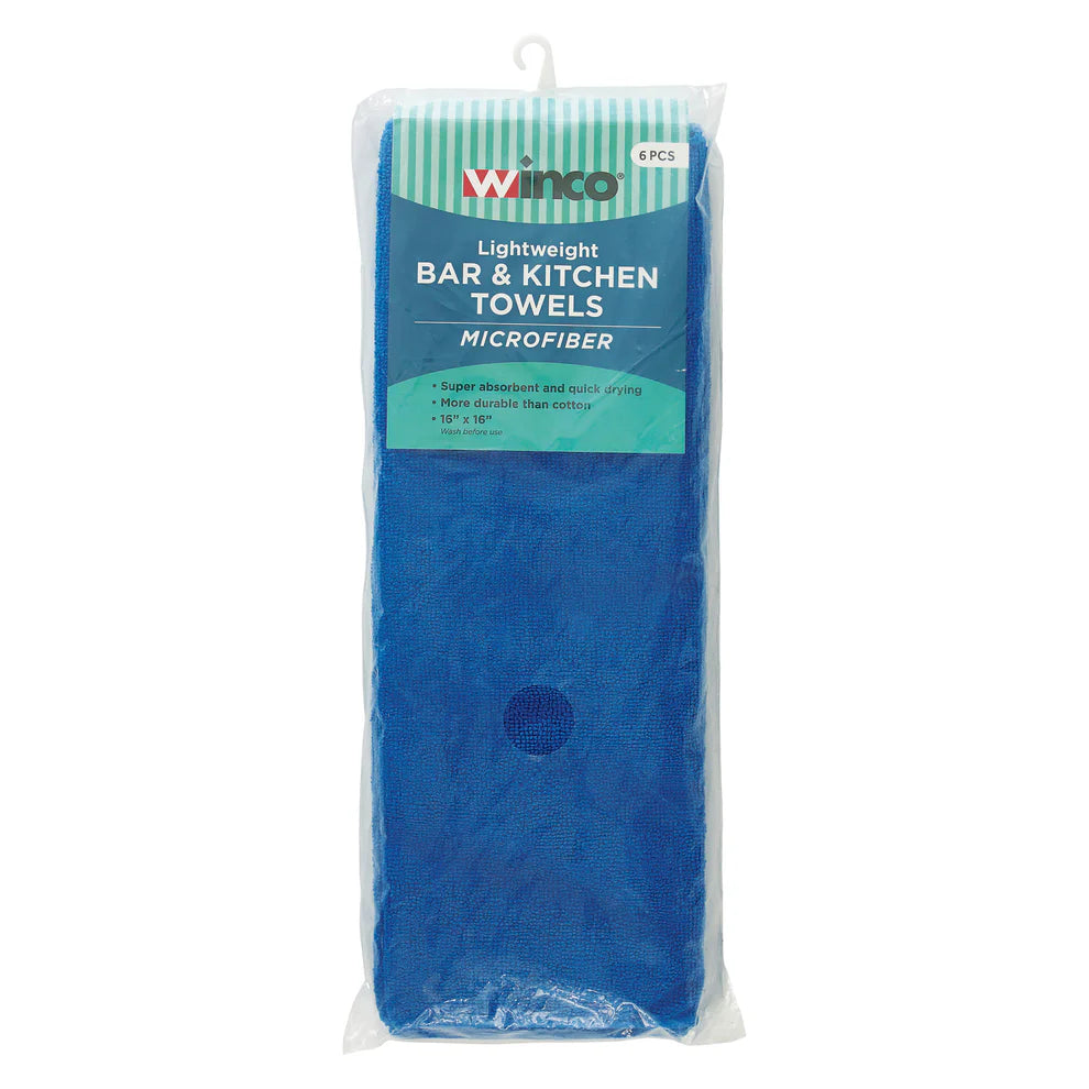 Winco BTM-16B to 16R, 16"x16" Microfiber Towels, 6pcs/pk, Blue/Red