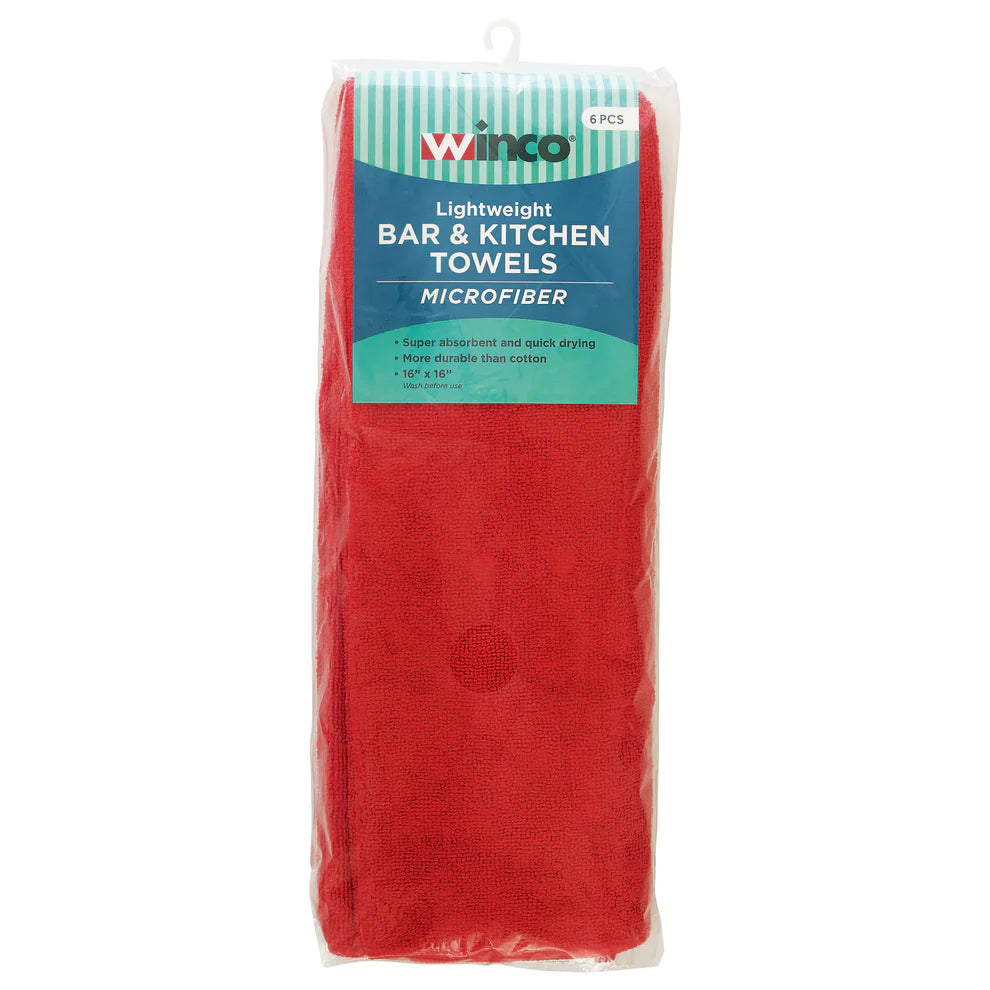 Winco BTM-16B to 16R, 16"x16" Microfiber Towels, 6pcs/pk, Blue/Red