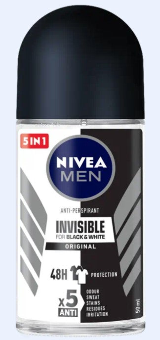 Nivea Men Roll-On Invisible B&W Original, 50 ml, deodorant that protects against sweat and odor while preventing white marks and yellow stains.