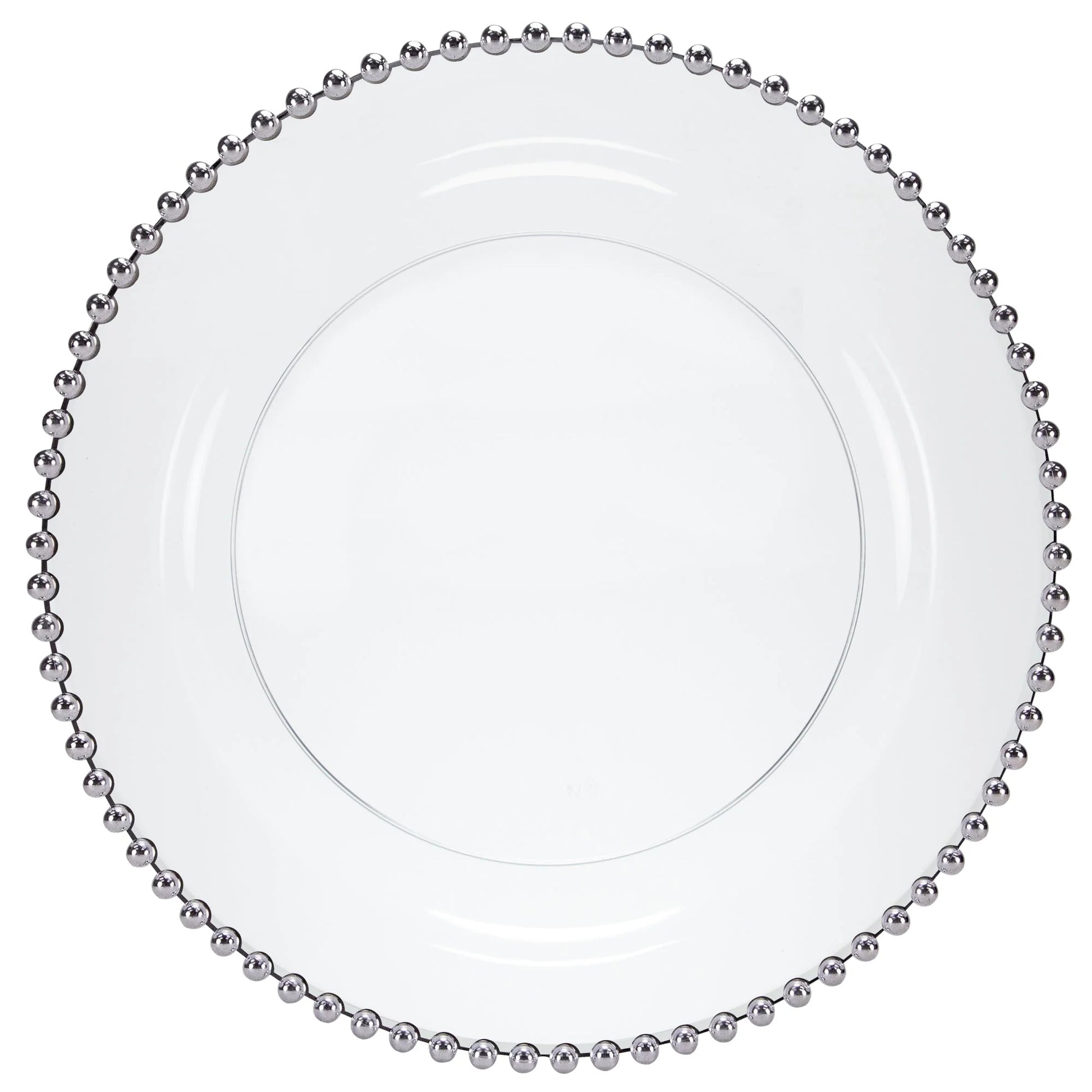 Beaded Silver/Clear Plate with a stylish silver beaded rim, available in 7.75-inch and 10.5-inch sizes, ideal for elegant dining at weddings, banquets, and parties.