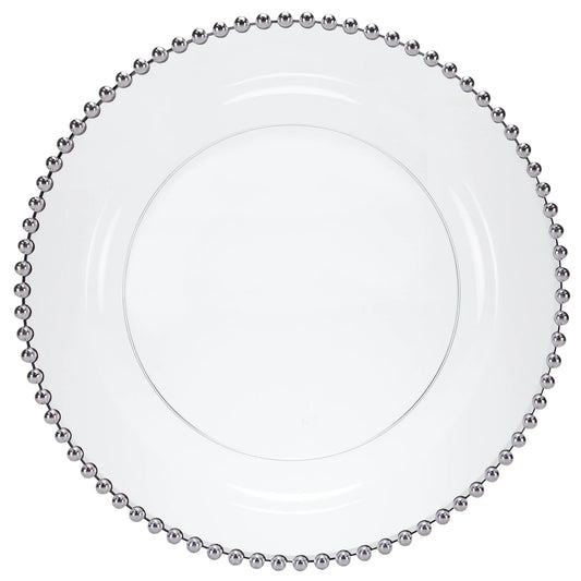Beaded Silver/Clear Plate with a stylish silver beaded rim, available in 7.75-inch and 10.5-inch sizes, ideal for elegant dining at weddings, banquets, and parties.